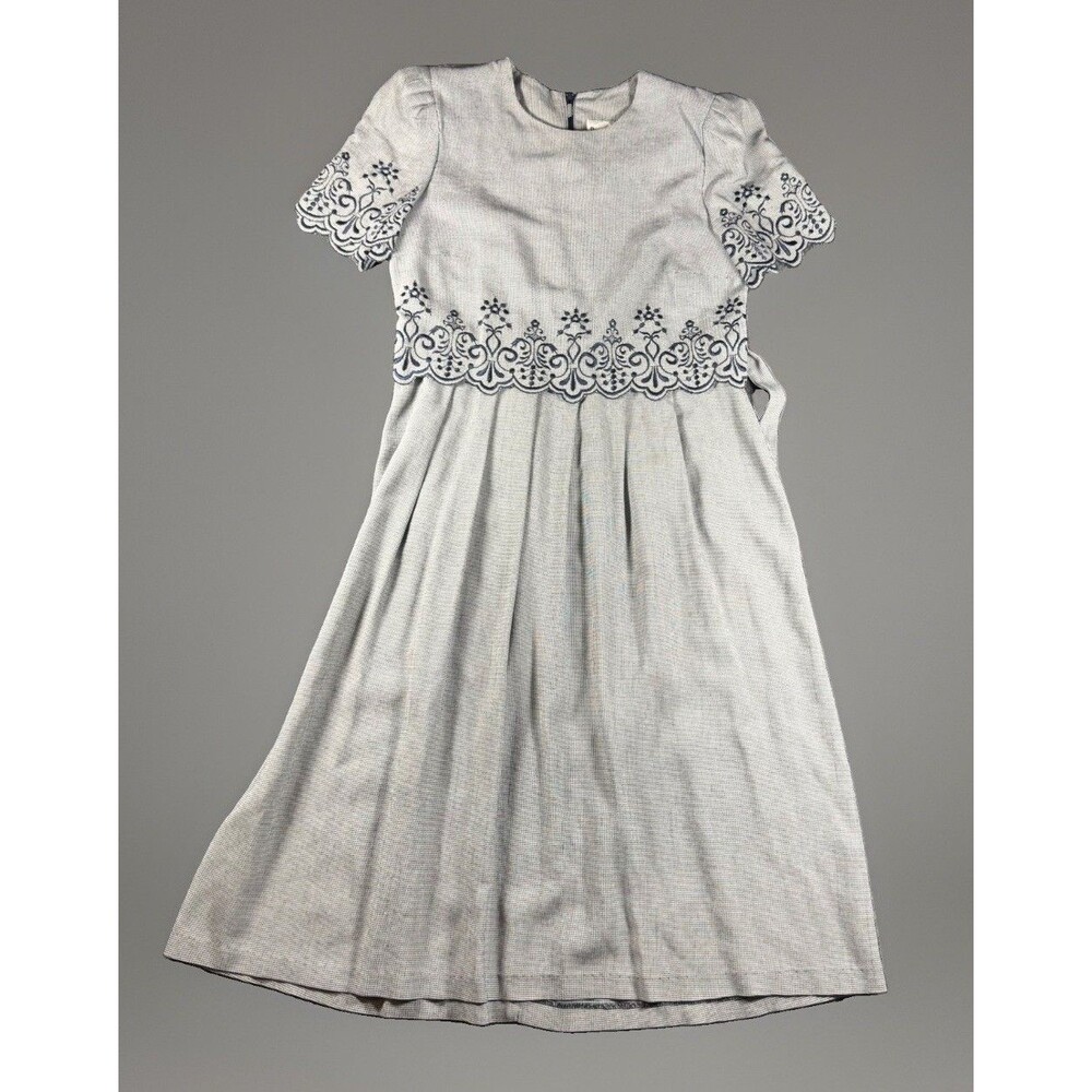 Vtg 80s Peri Petites Houndstooth Midi Dress 10 White Embroidered Cottagecore
